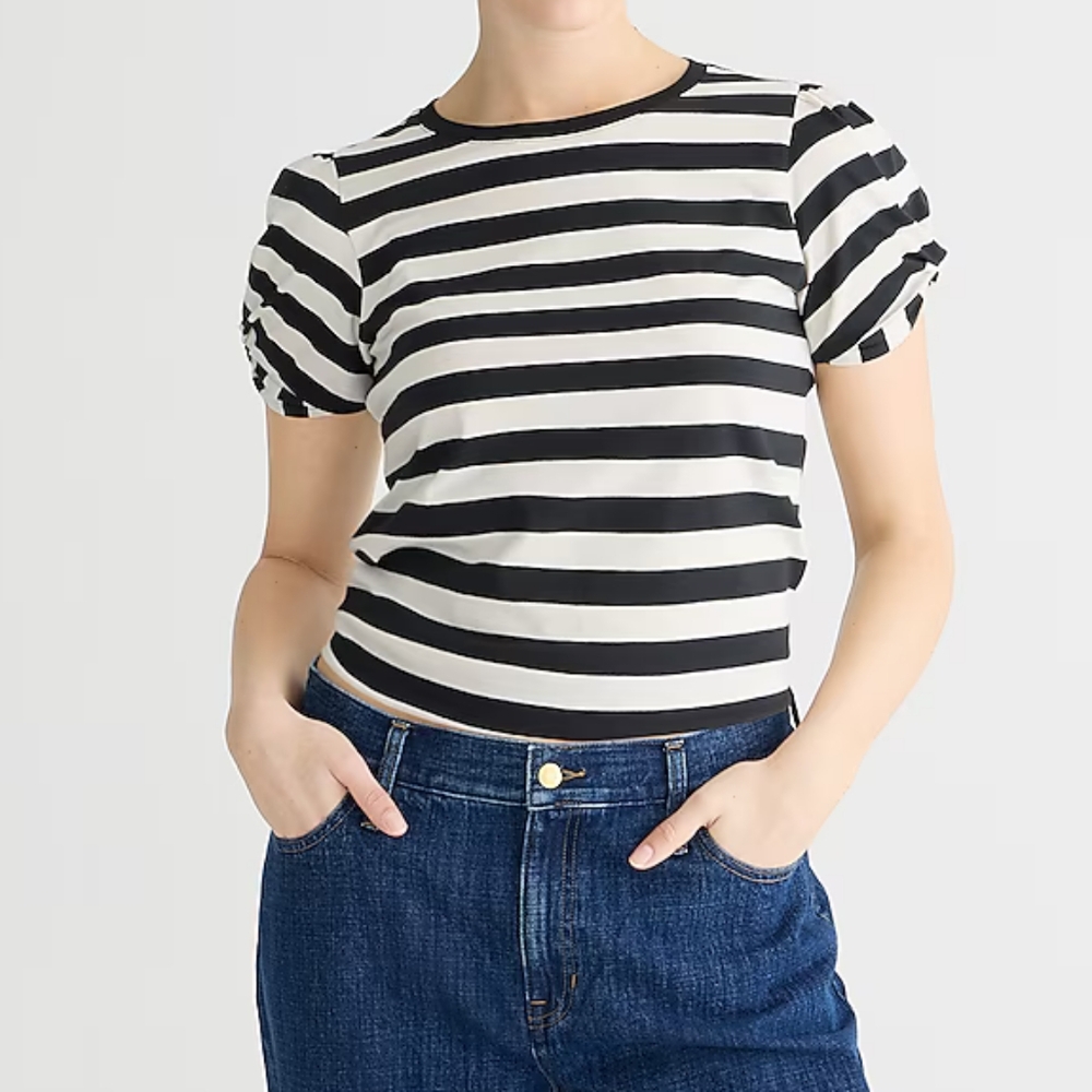 J.Crew Striped Puff Twisted Sleeves Classic Fit Tshirt, Small, White/ Black